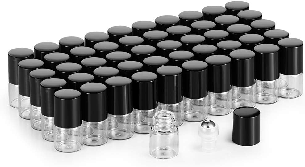 50 Pack 1ml Clear Glass Sample Vials For Essential Oils,Empty Glass Roller Bottle With Stainless Steel Roller Ball 1/4 Dram Glass Vials Perfume Roll On container-Funnel,Opener,Dropper Included