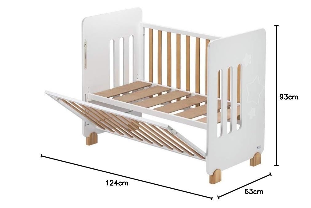 Interbaby Star Nature Lettino Neonato in Legno 120x60 cm | Culla con Sponda Abbassabile e Rete a Doghe 8 Posizioni | Legno Sostenibile, Ruote con Freno | Omologato Normativa Europea | Bianco