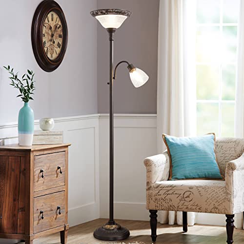 Luvkczc Victorian Floor Lamp, 70" Elegant Standing Lamp With Etched Glass Shade, Metal Body & Heavy Base, Vintage Tall Corner Lamp For Bedroom, Living Room, Den, Office. No Bulbs (2 Head) #TOP3
