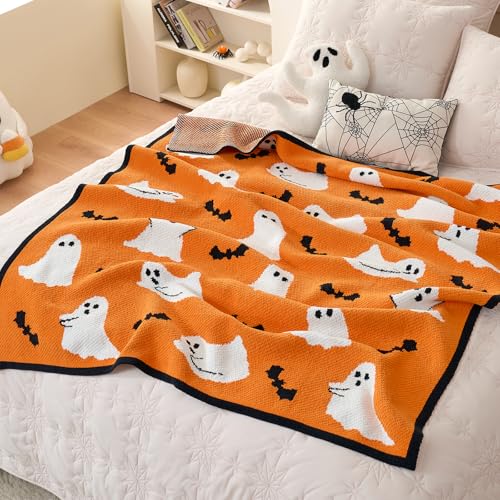 Amélie Home Reversible Halloween Throw Blanket for Couch, Spooky Halloween Ghost Cute Terror Scence, Chenille Knit Soft Cozy for Sofa Home Decor Gifts, 50" x 60", Orange Ghost - image 3