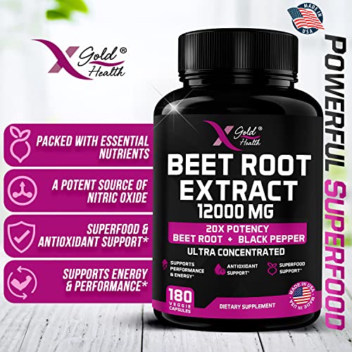 Beet Root Extract Capsules - 12000Mg 20X Concentrated Beet Root Capsules Supplement W/Black Pepper - High Nitrates - Natural Nitric Oxide Booster - Highly Concentrated & Bioavailable -180 Veggie Caps #TOP3