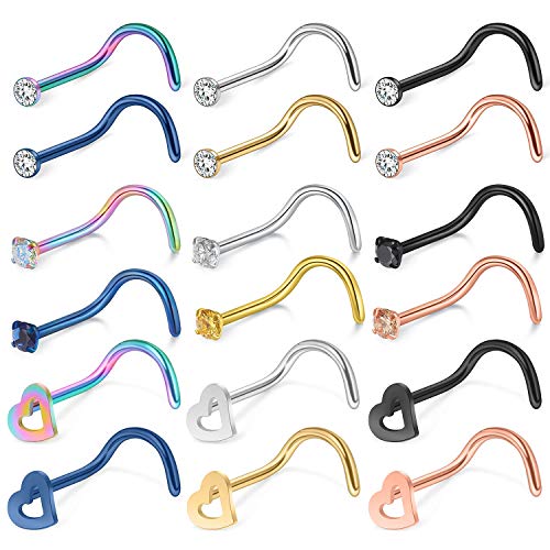Scerring 20G 18Pcs Stainless Steel Heart Screw Nose Stud Rings Piercing Jewelry 2Mm Cubic Zirconia #TOP14