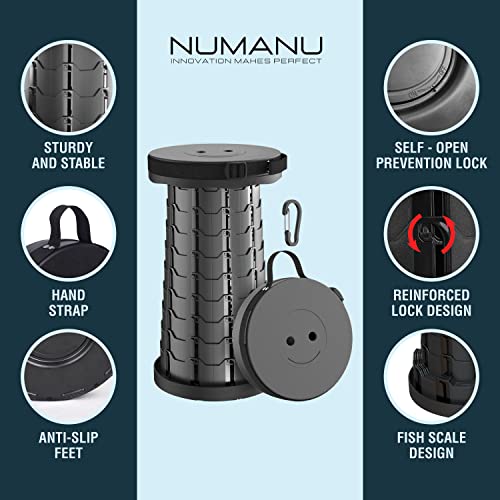 Numanu New-Gen Collapsible Stool 2-Pack W/ Carabiner Clips - Lightweight, Sturdy, Portable, Adjustable Telescoping Compact Folding Chair & Foot Rest For Travel, Bbq, Camping, Queue - Max 400Lbs #TOP4