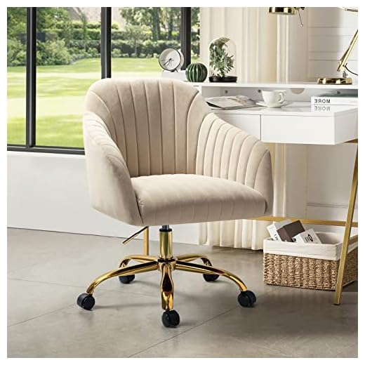 HULALA HOME Velvet Home Office Desk Chair, Modern Cute Computer Task Chair, Wheels Swivel Height Adjustable Upholstered Vanity Chair for Women, Girls (Gold Base, Tan)
