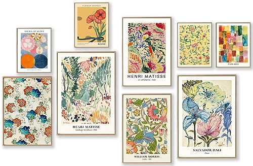 Stampe artistiche da parete eclettiche colorate 9 pezzi decorazione da eclettica vintage Matisse William Morris Mercato dei fiori Massimalista Eclettico Home Decor Massimalismo alla