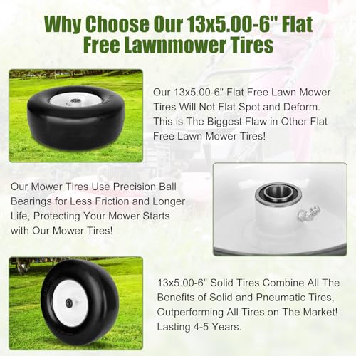 Aremae 2 PCS 13x5.00-6 Flat Free Tire and Wheel with 1/2\" & 3/4\" & 5/8\" Precision Bearings, 13x5x6 Lawn Mower Tires with 3.25\"-6.85\" Centered Hub, 13x5.00-6 tire for Riding Lawn Mower Garden Tractor - Thumbnail 6
