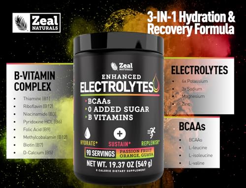 Image of Zeal Electrolyte Powder - 90 Servings | Keto Electrolytes Powder | Zero Sugar, BCAAs, B-Vitamins | Potassium, Zinc, Magnesium | Hydration Powder Recovery Drink | Passion Fruit Orange Guava