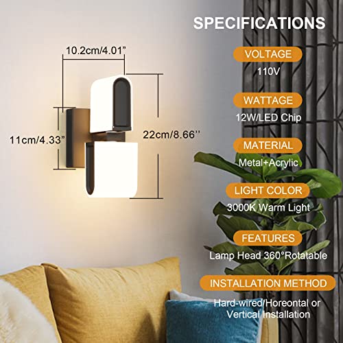 Ralbay Wall Sconce 12W, 3000K LED Modern Wall Sconce Wall Lights Cool White Acrylic Matt Black Sconce Light with 360°Rotatable Joint, Hardwired Wall Mounted Wall Lamps for Hallway Not Dimmable
