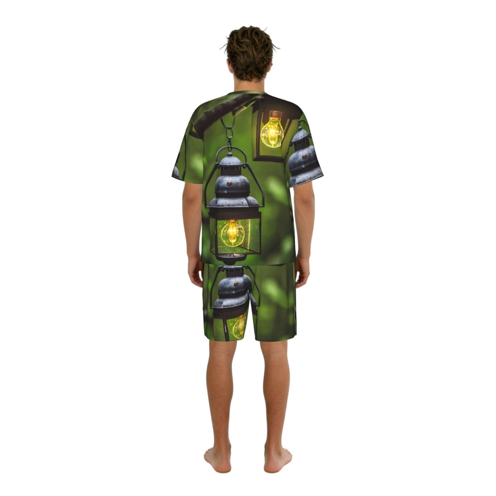 Conjunto de pijama clásico con estampado de luciérnagas y linternas, pantalones cortos de pijama suaves para hombre, perfecto para las noches de verano