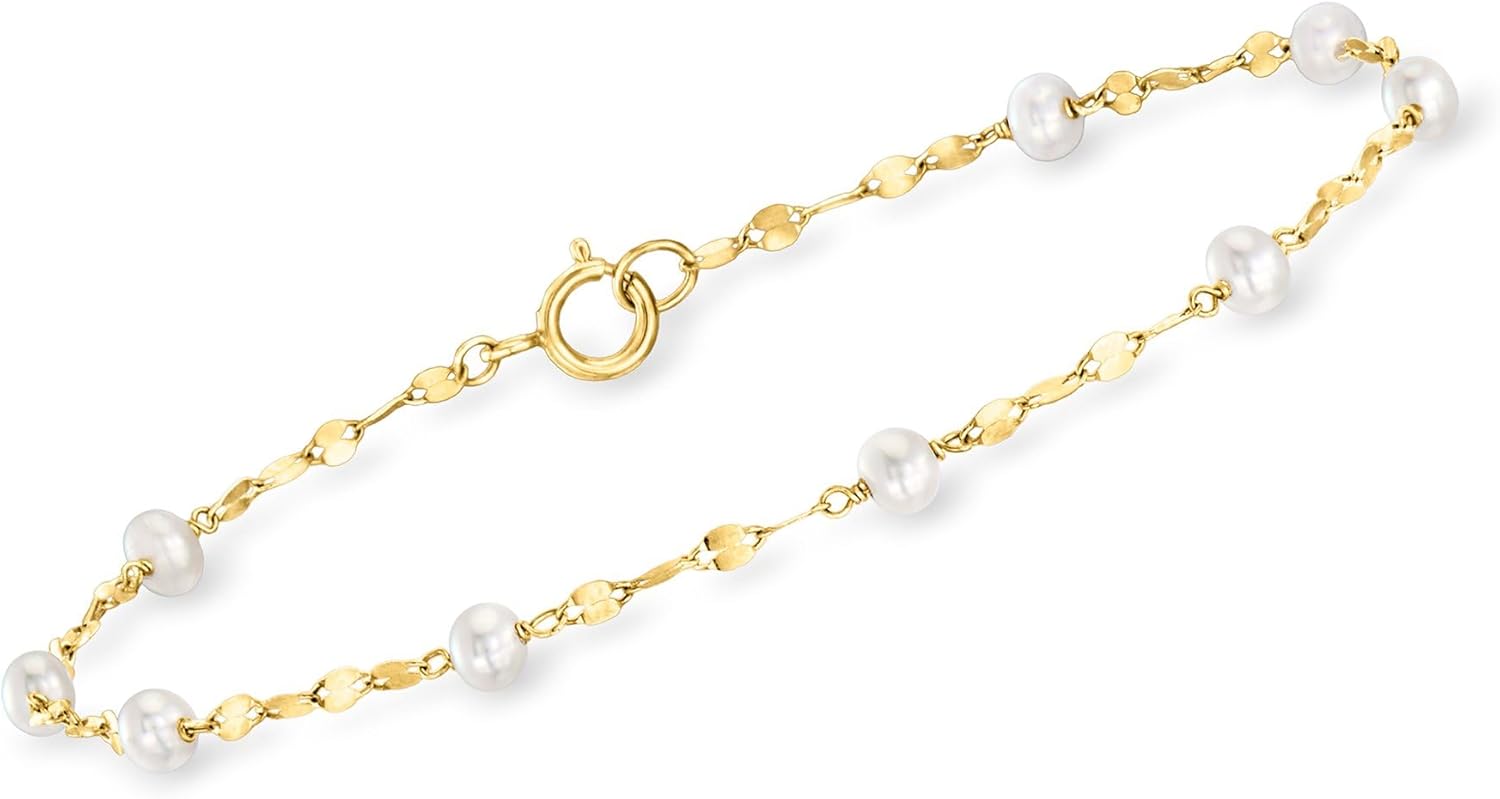 Pure Collection by Ross-Simons 3-3.5mm Cultured Pearl Station Lumachina-Chain Bracelet in 14kt Yellow Gold