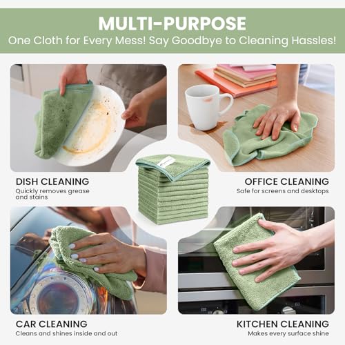 Image of SIFANGKE Microfiber Cleaning Cloth, 12 Pack Green Cleaning Rags for Housekeeping, Reusable Microfiber Towels for Car, Kitchen, Bathroom and Household Cleaning Supplies, 11.8 inchX11.8 inch