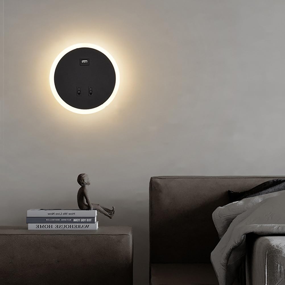 AoLa 12W Okrągła lampa ścienna LED z przełącznikiem i portem USB do ładowania Lampa ścienna do wnętrz 3 kolory 3000K/4000K/6000K Nowoczesna lampka nocna z akrylowym kloszem do sypialni salonu,Black
