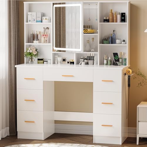 Belife Schminktisch mit Spiegel und Beleuchtung, Großer Make Up Tisch mit 7 Schubladen, Öffnendem...