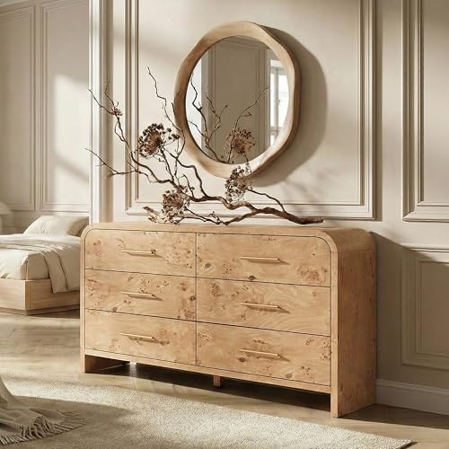 Image of Curved 6-Drawer Dresser for Bedroom, 54 inch Wide Modern Chest of Drawers, Vanity Desk TV Stand for Living Room, Closet Storage Drawers Organizer Furniture, Nursery, Light Burl