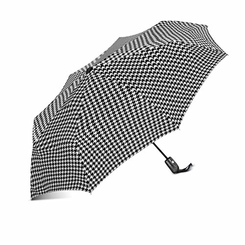 Interestprint Classical Black And White Houndstooth Checkered Pattern 100% Polyester Pongee Windproof Fabric Travel Umbrella, Compact Automatic Open And Close Folding Uv And Rain Umbrella #TOP10