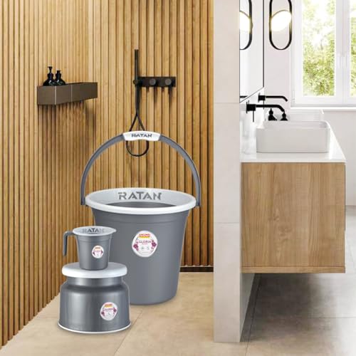 Image of RATAN PLASTICWARE Plastic Bathroom Set of 5 Pieces Combo Pack Gloria Plain,18 Liters 2 Pieces Bucket + Nova Stool Patla 107 + Two Gloria Plain Bath Mug 1 Liter- NIR Silver
