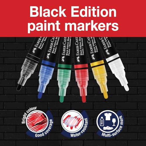 Image of Faber-Castell Black Edition Shake & Paint Acrylic Marker - Classic Colours, Box of 6 | Dual-Tip, Water-Based, Permanent Paint Markers for Multi-Surface Use | Acrylic pens with double tip (1 mm and 3 mm) for paper, wood, glass, stone and more
