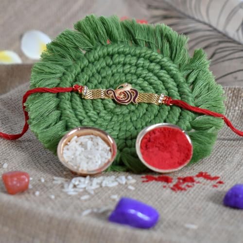Image of Oblivion Rakhi with Chocolate for Brother - OM Design Multicolor Rakhi with Choco Magic Chocolate 32 Gm, Greeting Card, Silver Color Pooja Coin & Tilak Set - Traditional Raksha Bandhan Festive Combo