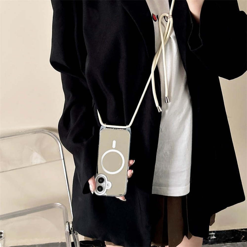 Naszyjnik Crossbody Smycz Lustrzane Magnetyczne Etui na Telefon Do iPhone 16 15 14 13 Pro Max Akrylowe Twarde PC Tylna Obudowa, Białe, Do iPhone 13Pro Max