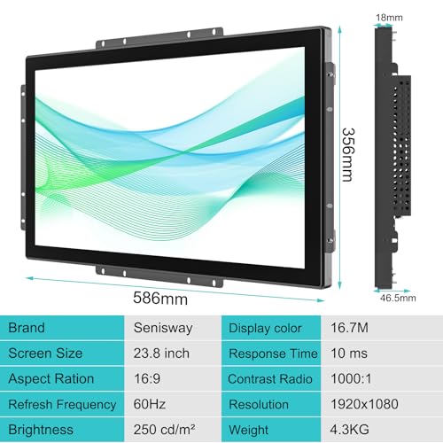 Image of 23.8 Inch Open Frame Capacitive Touch Screen LCD Monitor Surface is IP65 Waterproof 1920x1080 @ 60Hz TFT LCD IK08 Input Industrial Monitor 10 Finger Capacitive Touch