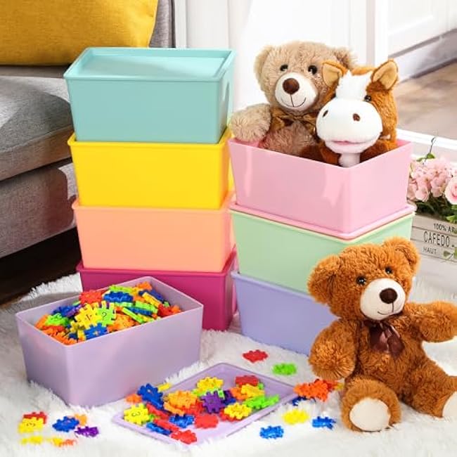 8 Pcs Storage Bins with Lids Small Plastic Storage Containers Stackable Storing Baskets Box for Organizing Shelves (Mixed Color)