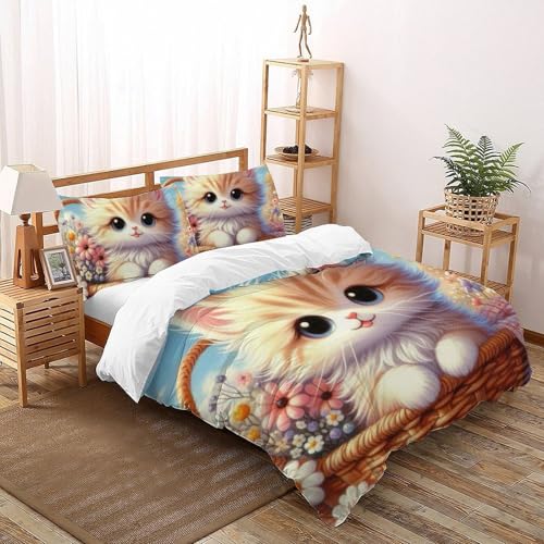 Housse de couette chat et fleurs microfibre parure de lit King Size haute densité - 2