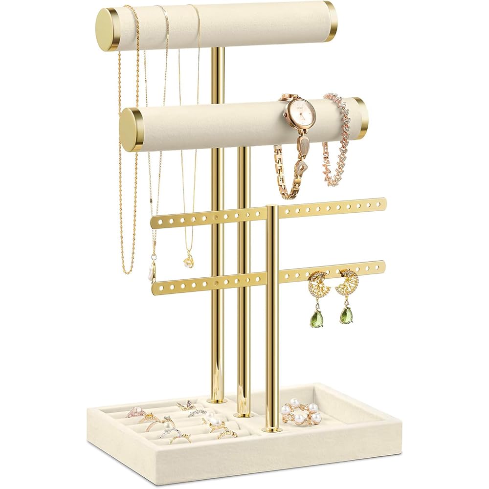 Aurisse Beige Velvet 3-Tier T-Bar Jewellery Display Stand, Bracelet Holder And Organiser For Necklaces, Earrings, Rings And Watches