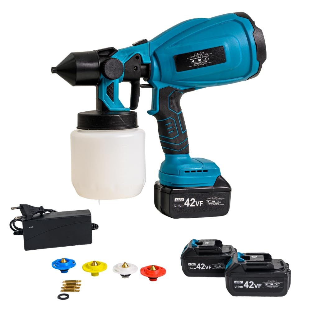 A.M.C. Verniciatore a Spruzzo a Batteria, Pistola per Verniciare Elettrica Contenitore DA 800ML, Pistola Vernice a Spruzzo con 2 Batterie da 42V, 3 Ugelli Regolabili, Ricarica Rapida