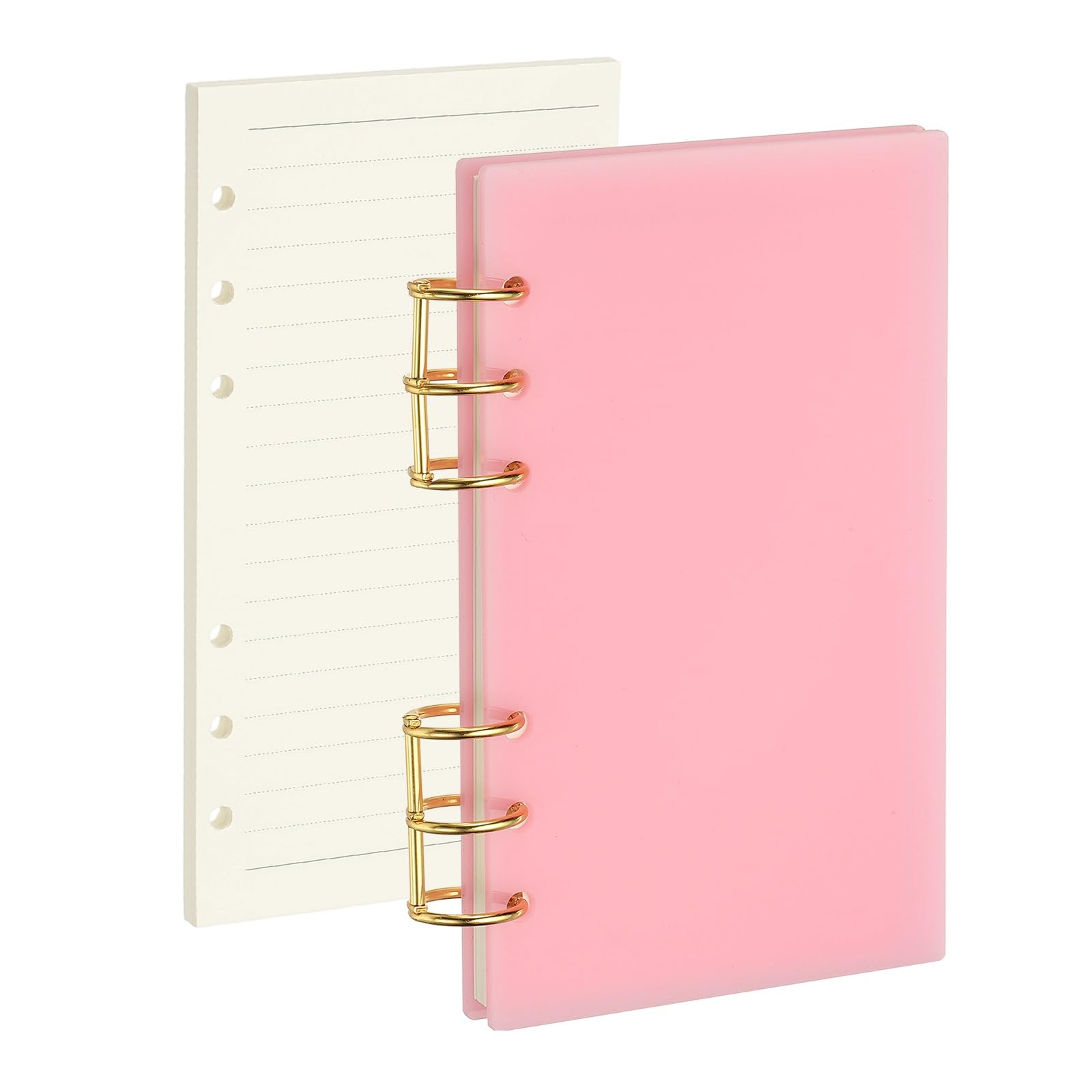 PATIKIL 6 Ring Binder Notebook Cover, A6 Acrylic Binder Notebook 2 Gold Metal Round Rings with 90 Sheets Lined Inner Papers for Travel Office Planner Budget, Pink