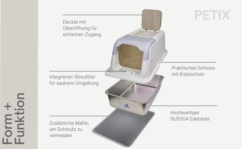 XL Katzentoilette Aus Edelstahl – 61x40,6x35,6 Cm, Mit Deckel, Napf & Matte, Für Große Katzen