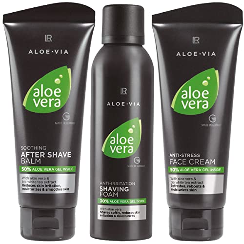 Aloe Vera Men - Kit De Cuidado Facial Espuma De Afeitar, Bálsamo Para Después Del Afeitado, Crema Antiestrés, 400 Ml