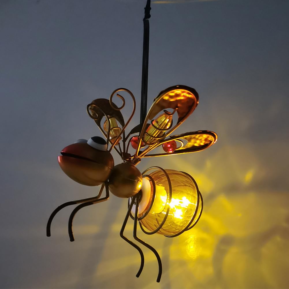 Getbstoop Gold Solar-Powered Hanging Bee Light, Hanging Solar Bee Garden Ornaments, Metal Led Outside Bee Decor Outdoor Garden, Innovative Bee Statues Solar Fairy Lights For Outdoor Yard Porches Patios