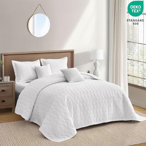 Image of Oversized King Bedspread, Geometric Diamond Stitched Quilt Set King /Cal King, Lightweight Reversible Coverlet, Straight Edge - Clean Modern Look, 5 Piece, Pure White