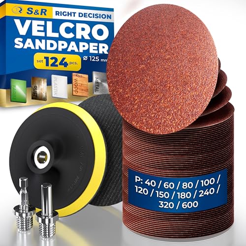 S&R Professional papier ścierny 125 mm na rzep, zestaw 124-częściowy, 120 kątownic szlifierskich 125mm do drewna, metalu, plastiku, 10 ziarnistości P40–P600, z 2x tarczami szlifierskimi, 2x adapterami