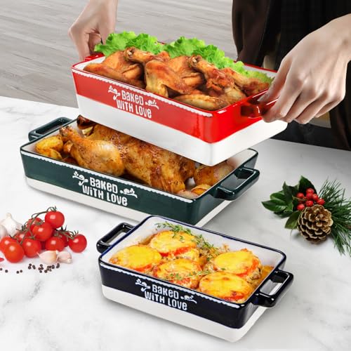 3 Pack Ceramic Baking Dishes, Casserole Dishes for Oven, Rectangular Lasagna Pans with Handles, Kitchen Deep Serving Bakeware Sets for Cooking, Wedding Gift, 3 Colors (14.5''/12.5''/9.5'') - Image 7