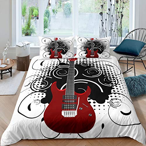 Erosebridal Guitar Comforter Cover Full Size Rock Music Duvet Cover Red Electric Guitar Bedding Set Black Spiral Quilt Cover, Grunge Style Duvet Cover for Kids, Room Decoration, Red White