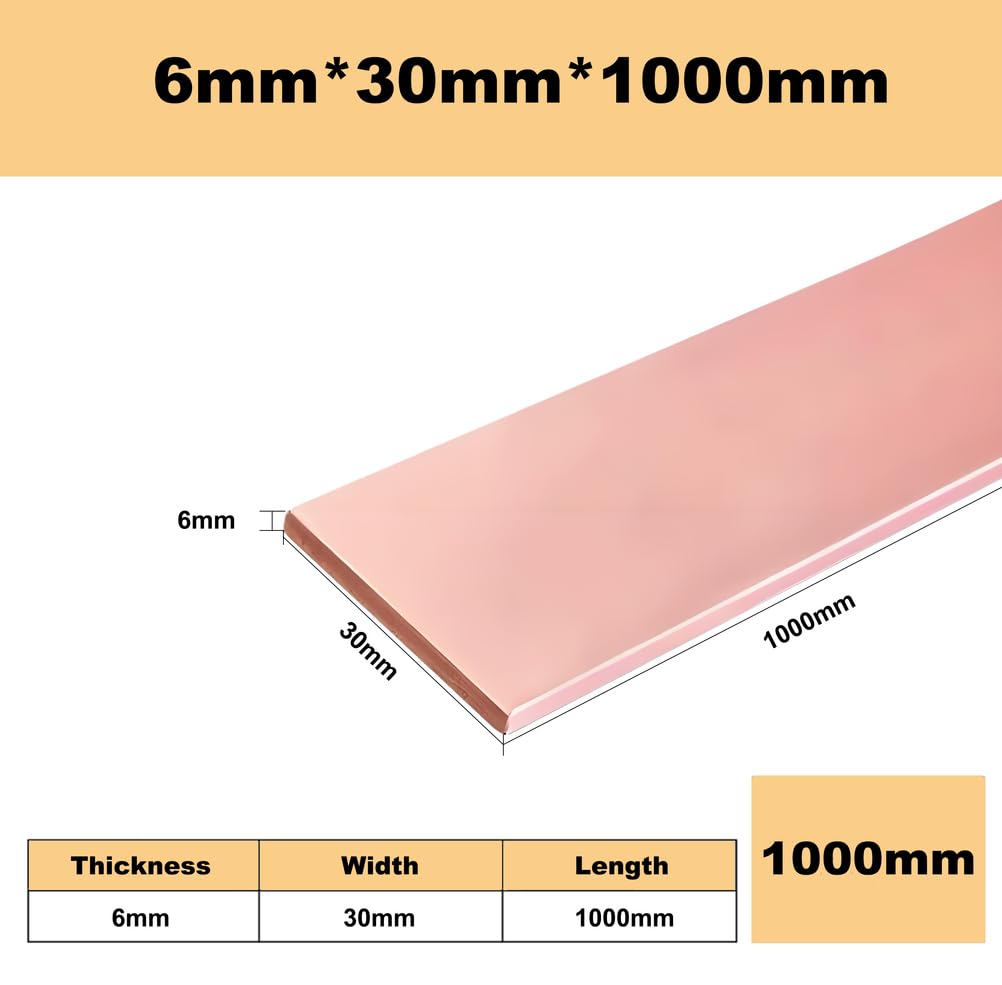 Barra Plana de Cobre T2, Barra de Cobre Puro de Alta Conductividad para Puesta a Tierra, Distribución Eléctrica, Transferencia Térmica y Proyectos Industriales,6mm*30mm*1000mm