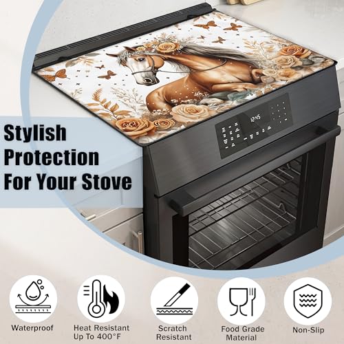 Image of Electric Stove Top Cover,Lovely Horse Stove Cover for Glass Top Electric Stove,Glitter Flower Butterfly Heat Resistant Flat Top Stove Mat Countertop Protector, 28 x 20 Inch