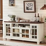 SAVOR LIFE Large Sideboard Buffet Cabinet with Storage, Vintage White Farmhouse 60' Wide Credenza Accent Cabinets with Glass Doors & Wood Legs, Kitchen Coffee Bar Table for Dining Room, Living Room