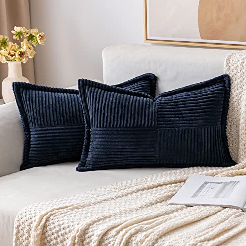 Image of MIULEE Decorative Lumbar Throw Pillow Covers for Couch Bed Livingroom 12x20 Inch Set of 2 Navy Blue Boho Accent Throw Pllows Broadside Striped Patchwork Soft Corduroy Summer Coastal Pillowcases