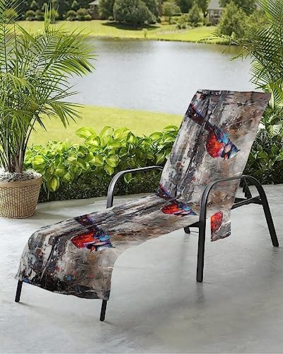 Christmas Bird Beach Chair Towel Covers for Chaise Lounge with Side Pocket, Soft Plush Pool Towels Cover for Patio Sunbathing Outdoor 29''x85'' Abstract Minimalist Oil Painting Aesthetics