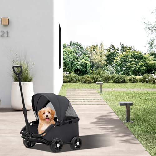 Klappbarer Mini-Hundewagen für Mini-Haustiere,Multifunktionaler Klappbarer Tierwagen mit Sonnenschutz Teleskopgriff,Doggie Wagon mit 4er 360°Drehrädern Inkl,für kleine Hunde Katzen bis 10kg(Schwarz)