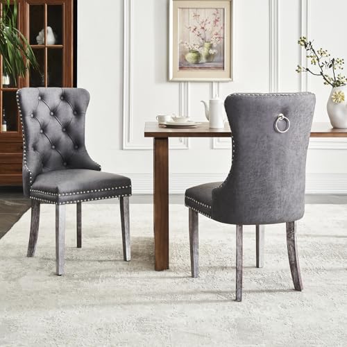 Image of Leather Dining Chairs, Upholstered Dining Room Chairs, Grey, Set of 2