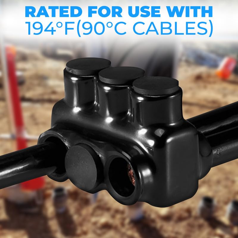 OHLECTRIC 4 Pack - Dual Side Entry - 3 Port - 3/0-6 AWG - Black Insulated Connector - 7/32 Hex Screw - Pre-Filled with Oxide Inhibitor - Rubber/Vinyl Coating, 6061-T6 Aluminum CU9AL