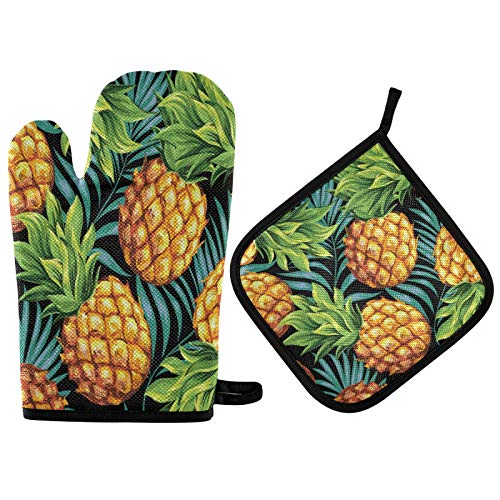 Mnsruu Gant de cuisine noir résistant à la chaleur avec feuilles de palmier et manique, motif ananas tropical