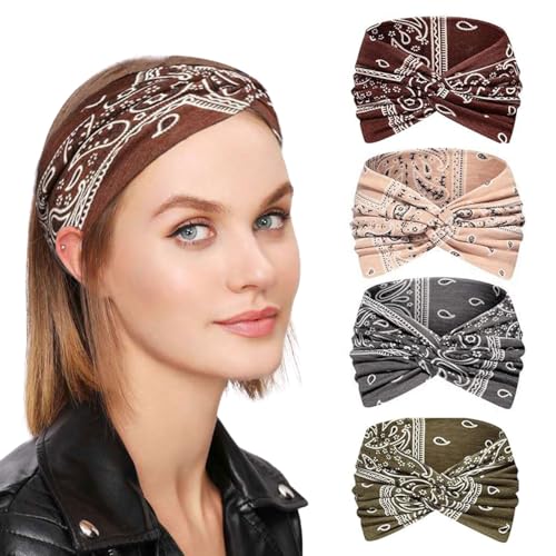 SanKristo 4 piezas pañuelos cabeza nudo - Bandas elásticas suaves para el pelo con diseño de estampado cruzado - Ajuste seguro yoga, running y uso diario, estilo boho bandas vintage el pelo de mujer