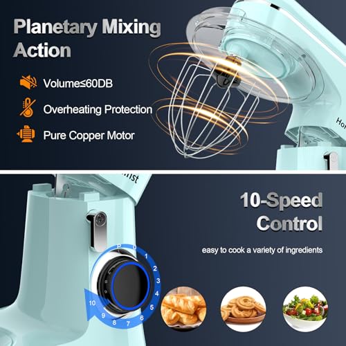 Image of Honinst Stand Mixer, 6.5QT 10-Speed Tilt-Head Electric Stand Mixer, 3-In-1 Kitchen Mixer with Bowl, Dough Hook, Whisk and Beater, Food Mixer for Baking, Cake and Most Home Cooks, Blue
