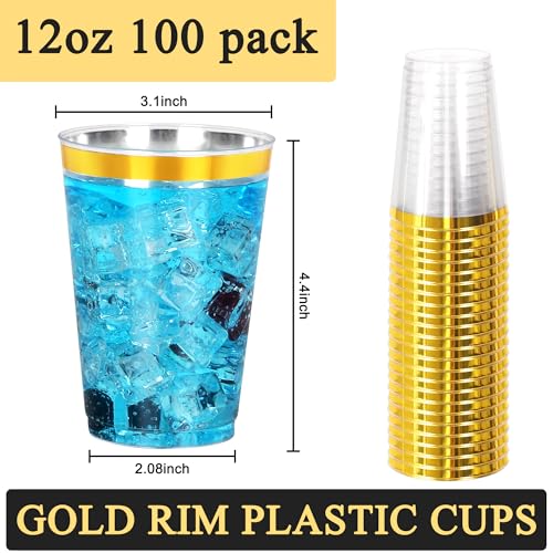 Image of 100 Pcs Gold Plastic Cups,12oz Gold Rimmed Plastic Cups,Heavy Duty Disposable Plastiic Wine Glasses Cocktail Glasses Premium Cup with Gold Rim for Party,Wedding,Christmas