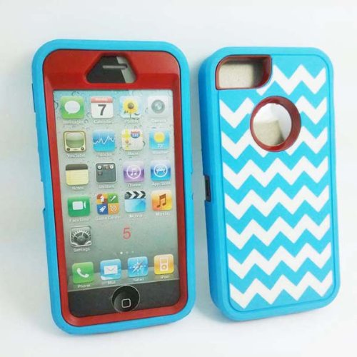 Allmet TM DELUXE Chevron Wave Hybrid Rubber Silicone Cover Case For iPhone 5 5S, Chevron Wave Print Hard Soft High Impact Hybrid Armor Case Combo for iPhone 5 5S, Hybrid 3 PIECE ZEBRA HARD PROTECT CASE COVER SKIN FOR iPhone 5 5S (Blue+Red With White Wave)