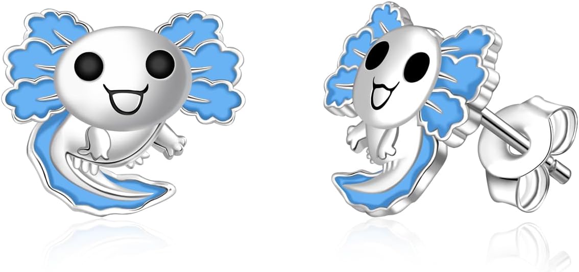 Blue Axolotl Stud Earrings for Women - 925 Sterling Silver Cute Axolotl Earrings Hypoallergenic Mexican Animal Jewelry Gifts for Daughter